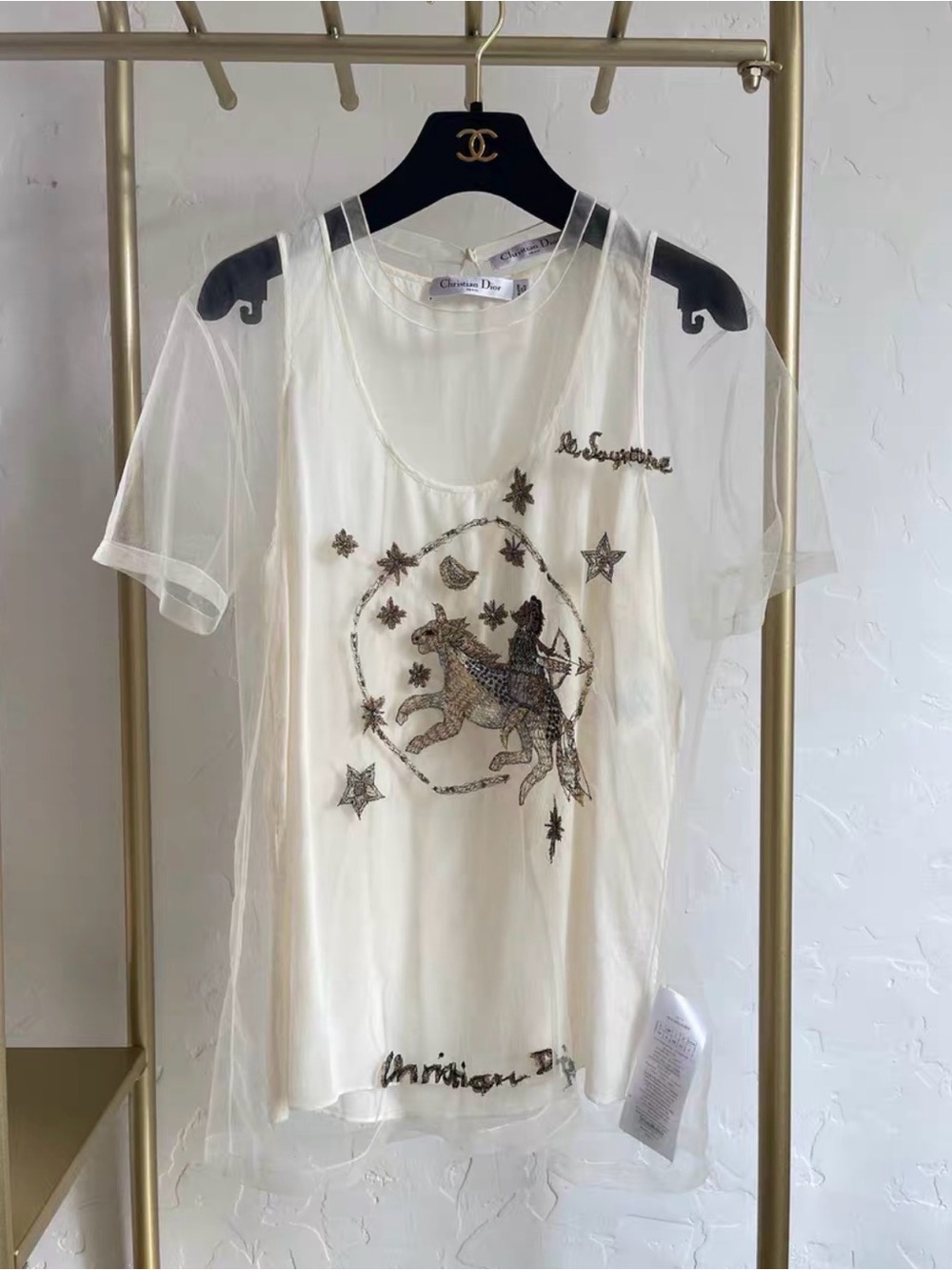 Dior White Sheer Embroidered Tulle Short Sleeve Tee